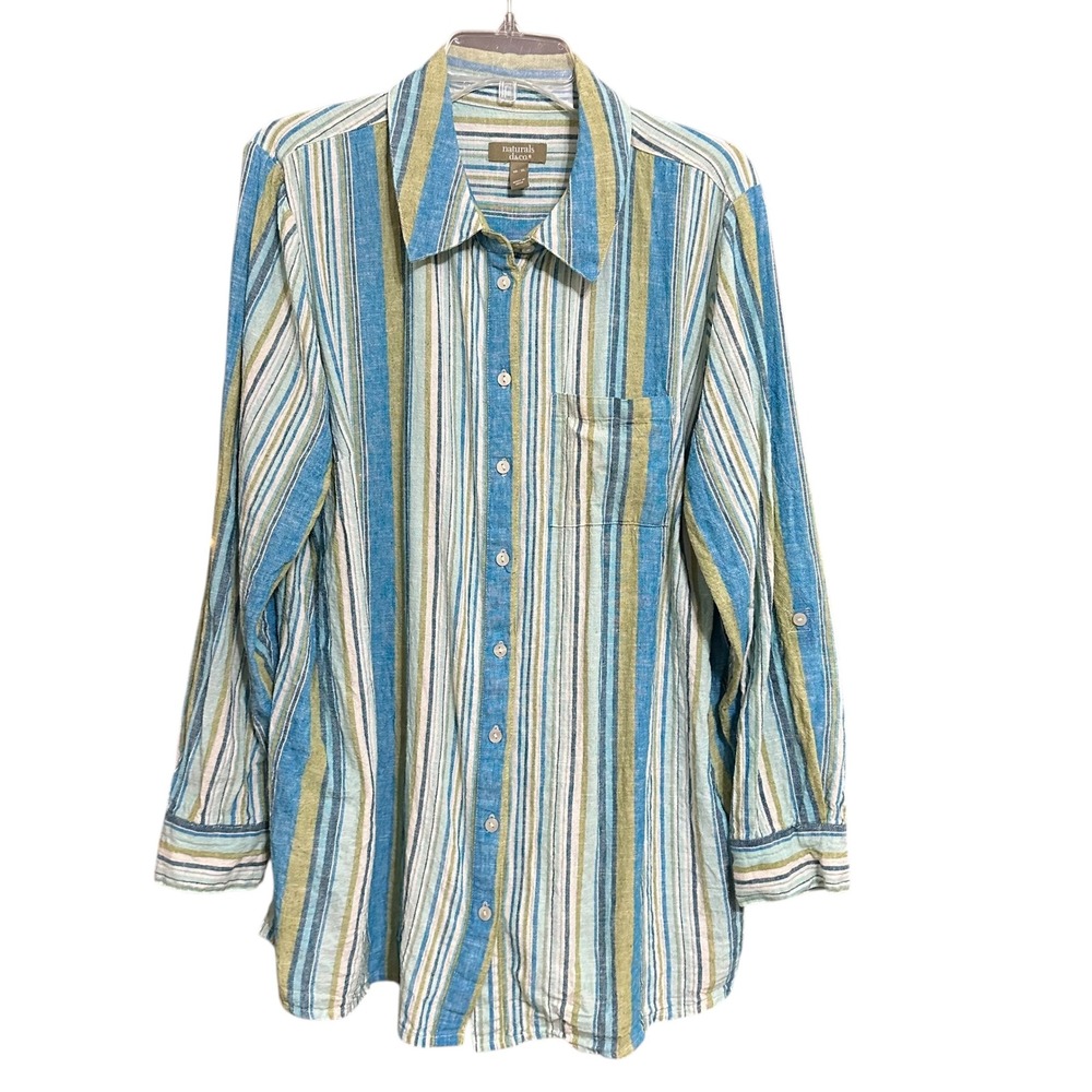 Denim & Co Naturals Blue Striped Linen Blend Button Up Blouse XL Coastal Travel